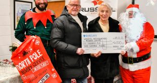 Andrew and Liz Omahoney from Winshill Neighbourhood Resource Centre in the middle receiving cheque from Russell Roof Tiles 002