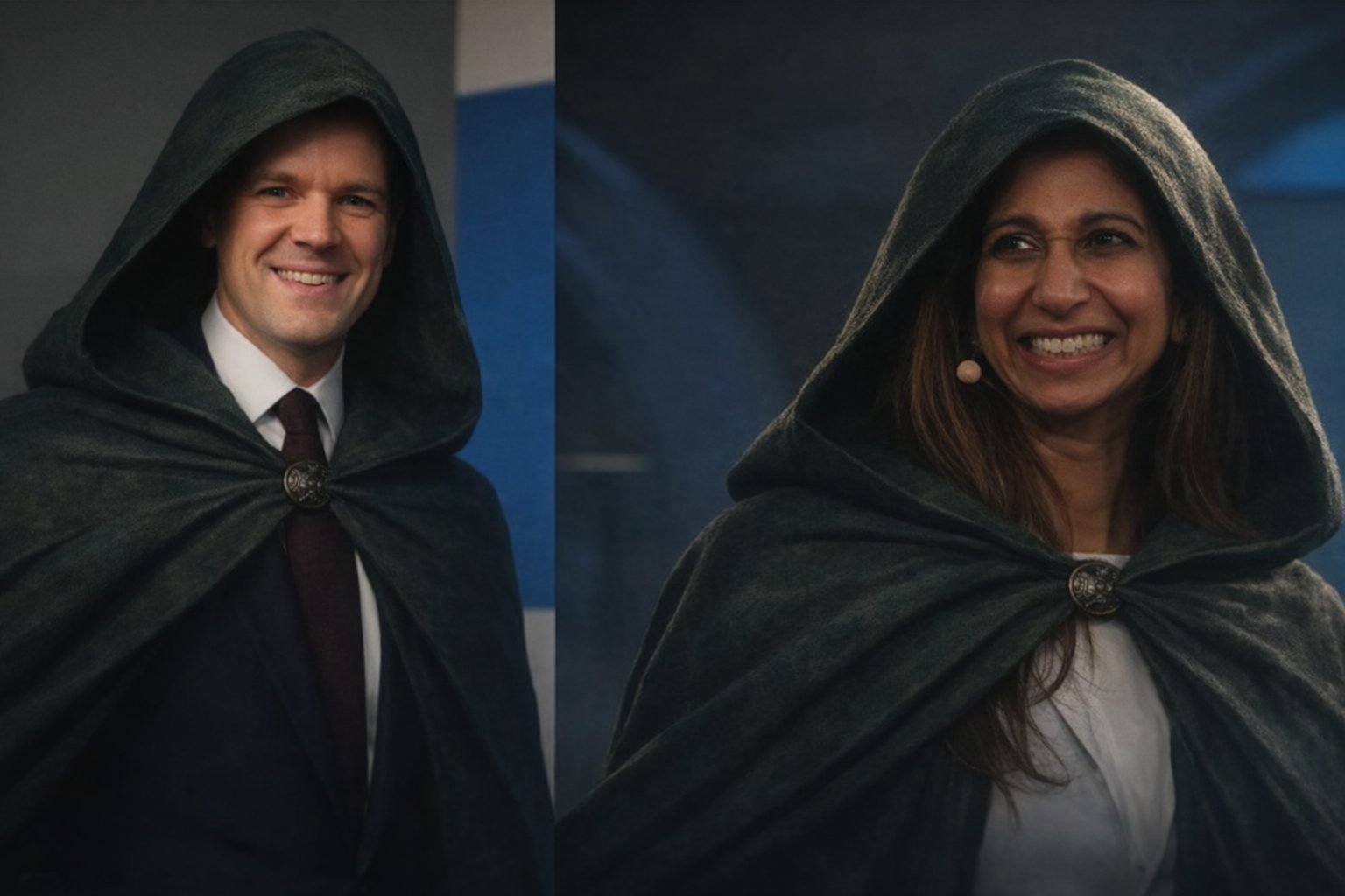 Cloaked figures in dim light