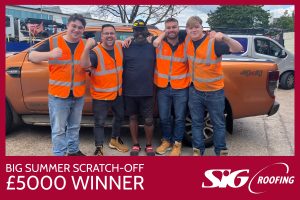Max Small (centre) surrounded after his win by the SIG Roofing Southampton branch team